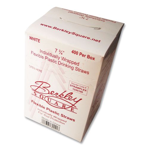 Image of Berkley Square 1245100 Individually Wrapped Straws, 7.75", Polypropylene, White, 400/box