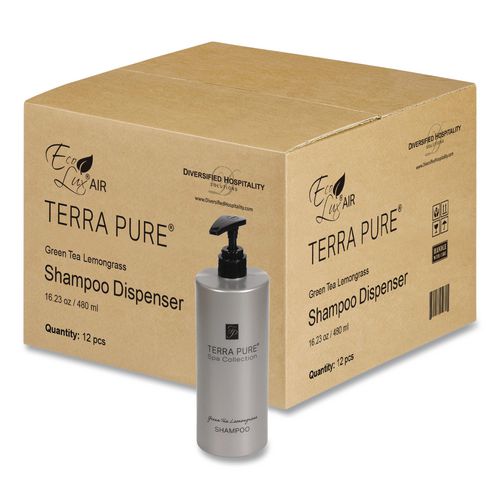 Image of Diversified Hospitality Solutions AIR10TPS480 Terra Pure Shampoo Air Pump, Green Tea Lemongrass Scent, 16.23 oz Bottle, 12/Carton