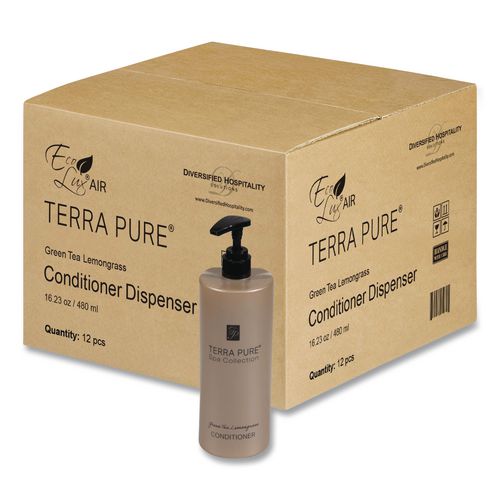 Image of Diversified Hospitality Solutions AIR11TPC480 Terra Pure Conditioner Air Pump, Green Tea Lemongrass Scent, 16.23 oz Bottle, 12/Carton