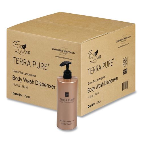 Image of Diversified Hospitality Solutions AIR12TPW480 Terra Pure Body Wash Air Pump, Green Tea Lemongrass, 16.23 oz Bottle, 12/Carton