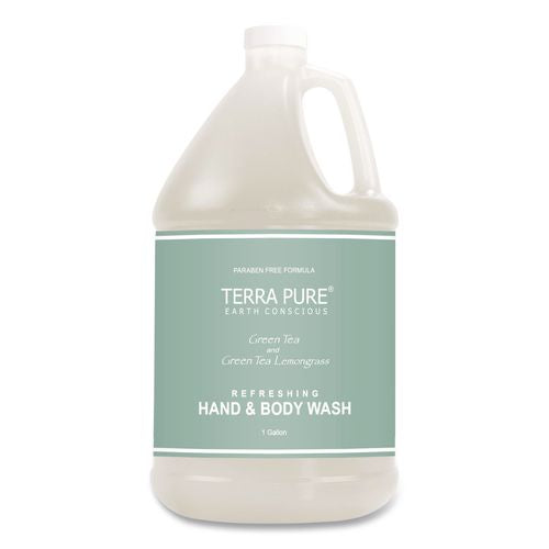 Image of Diversified Hospitality Solutions GAL04DBGW128 Terra Pure Body Wash Gallon, Green Tea Lemongrass, 1 gal Bottle, 4/Carton