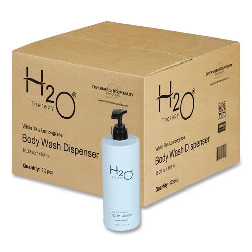 Image of Diversified Hospitality Solutions AIR07-H20-W480 H2O Therapy Body Wash Air Pump, White Tea and Lemongrass Scent, 16.23 oz Bottle, 12/Carton