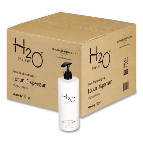 Image of Diversified Hospitality Solutions AIR08-H20-L480 H2O Therapy Body Lotion Air Pump, 16.23 oz Bottle, White Tea and Lemongrass Scent, 12/Carton