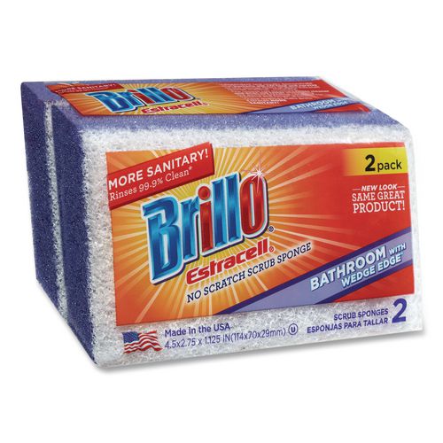 Image of Brillo® 21024 Estracell Bathroom Sponge, 4.5 x 2.75, 1.12" Thick, Purple/White, 2 Sponges/Pack, 12 Packs/Carton