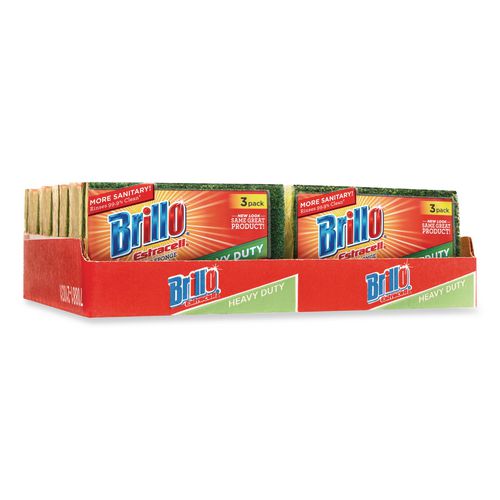 Image of Brillo® 21031 Estracell Heavy Duty Scrub Sponge, 4.5 x 2.75, 0.8" Thick, Yellow/Green, 3 Sponges/Pack, 8 Packs/Carton