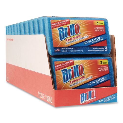 Image of Brillo® 21034 Estracell No Scratch Kitchen Sponges, 4.5 x 2.75, 1" Thick, Blue, 3 Sponges/Pack, 8 Packs/Carton