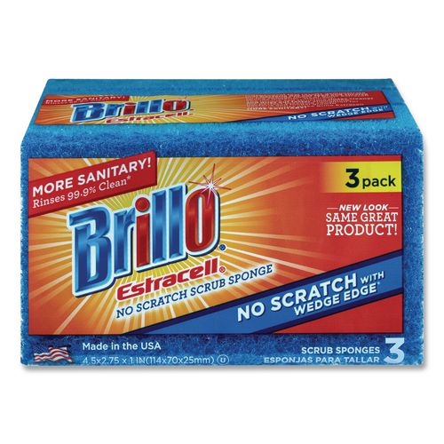 Image of Brillo® 21034 Estracell No Scratch Kitchen Sponges, 4.5 x 2.75, 1" Thick, Blue, 3 Sponges/Pack, 8 Packs/Carton