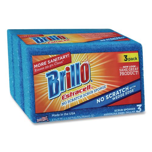 Image of Brillo® 21034 Estracell No Scratch Kitchen Sponges, 4.5 x 2.75, 1" Thick, Blue, 3 Sponges/Pack, 8 Packs/Carton
