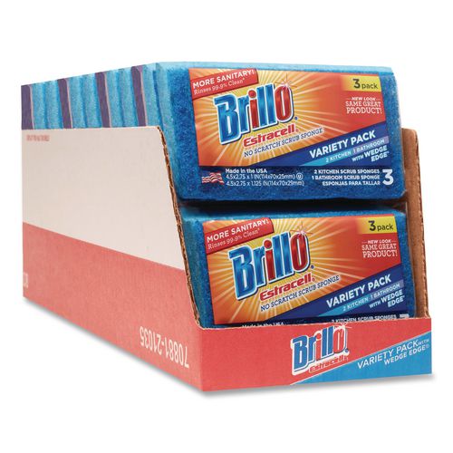 Image of Brillo® 21035 Estracell Scrub Sponge Variety Pack, 1 Bath, 2 Kitchen, 4.5 x 2.75, 1.12" Thick, Blue/Purple/White, 3/Pack, 8 Packs/Carton
