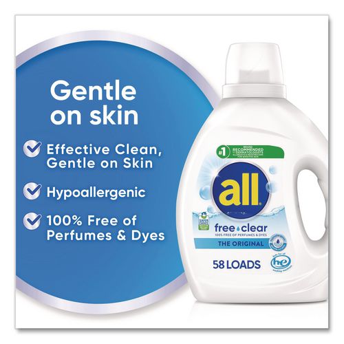 Image of all® 72613 47415 Free Clear HE Laundry Detergent, 58 Loads, Unscented, 73 oz Bottle, 6/Carton