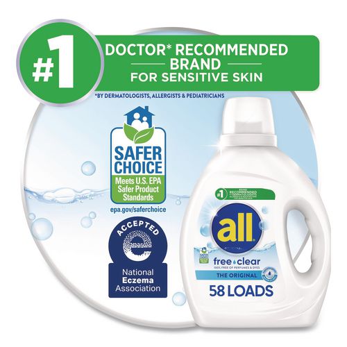 Image of all® 72613 47415 Free Clear HE Laundry Detergent, 58 Loads, Unscented, 73 oz Bottle, 6/Carton