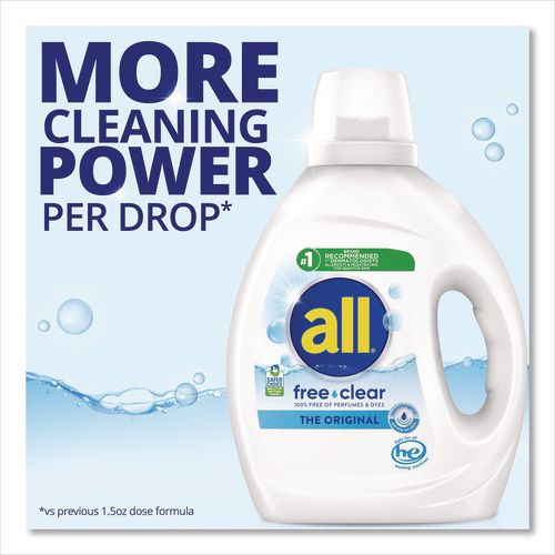 Image of all® 72613 47415 Free Clear HE Laundry Detergent, 58 Loads, Unscented, 73 oz Bottle, 6/Carton