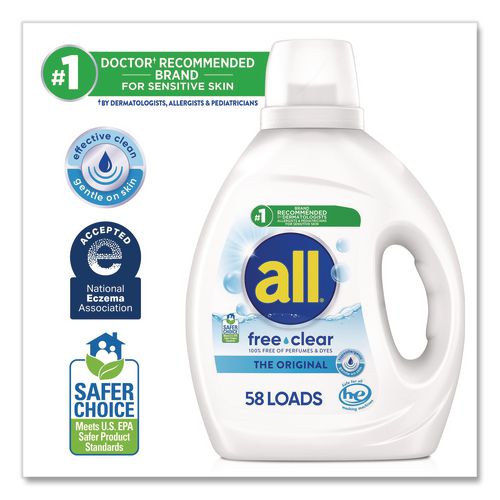 Image of all® 72613 47415 Free Clear HE Laundry Detergent, 58 Loads, Unscented, 73 oz Bottle, 6/Carton