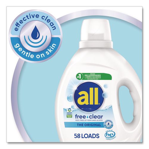 Image of all® 72613 47415 Free Clear HE Laundry Detergent, 58 Loads, Unscented, 73 oz Bottle, 6/Carton