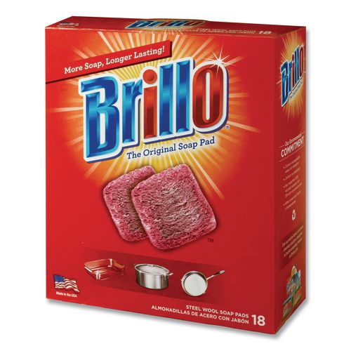 Image of Brillo® 23318 Steel Wool Soap Pads, 2.5 x 3, Gray/Pink, 18 Pads/Box, 12 Boxes/Carton