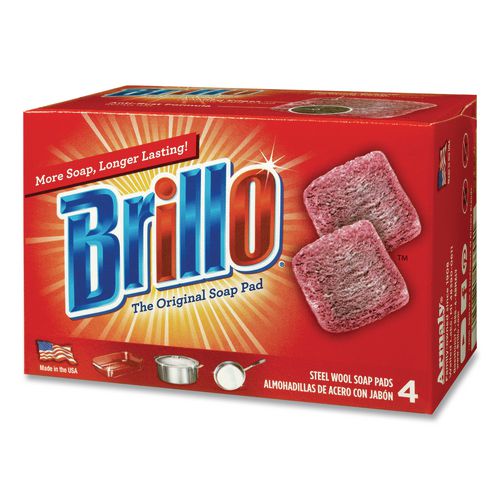 Image of Brillo® 53304 Steel Wool Soap Pads, 2.5 x 3, Gray/Pink, 4 Pads/Box, 12 Boxes/Carton
