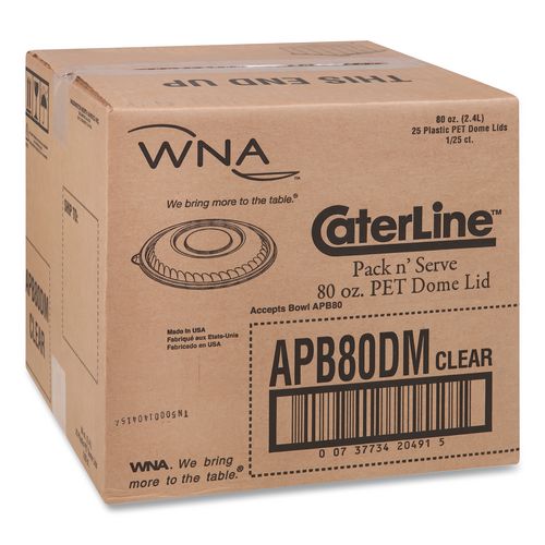 Image of WNA APB80DM Caterline Pack n' Serve Plastic Lids, Dome Lid, 10" Diameter x 1.38" h, Clear, 25/Carton
