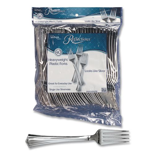 Image of WNA WNA REF320FK Reflections Heavyweight Plastic Utensils, Fork, Silver, 40/Pack, 8 Packs/Carton