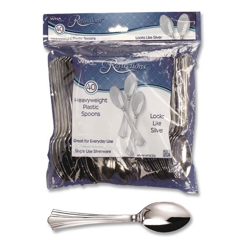 Image of WNA REF320SP Reflections Heavyweight Plastic Utensils, Spoon, Silver, 40/Pack