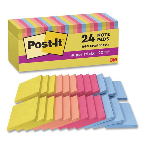 Image of Post-it® Notes Super Sticky 654-24SSJOY-CP Note Pads in Summer Joy Collection Colors, 3" x 3", Summer Joy Collection Colors, 70 Sheets/Pad, 24 Pads/Pack