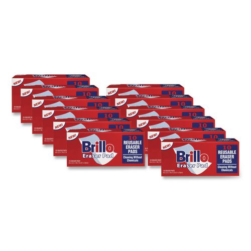 Image of Brillo® 56102 Commercial Eraser Pads, 3.2 x 4.6, 1" Thick, White, 10 Erasers/Box, 12 Boxes/Carton