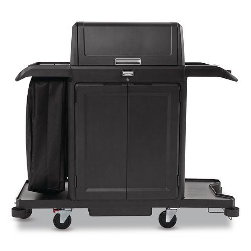 Image of Rubbermaid® Commercial 2202587 Housekeeping Cart with Hood and Doors, Plastic, 4 Shelves,1 Bin, 24.4 x 62.4 x 56.9, Black