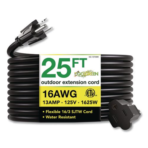 Image of GoGreen Power 13725BK 16 AWG Outdoor Extension Cord, 25 ft, 13 A, Black