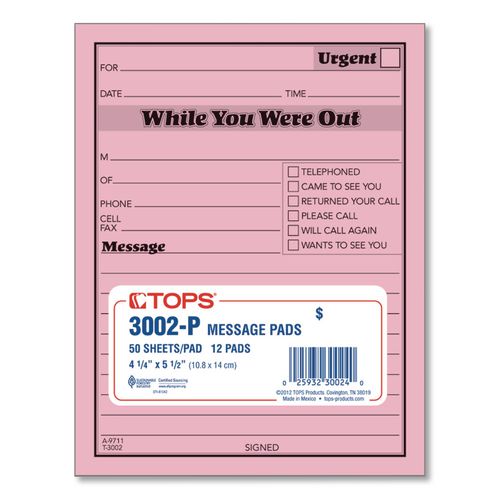 Image of TOPS 3002P Pink Message Pad, One-Part (No Copies), 4.25 x 5.5, 50 Forms/Pad, 12 Pads/Pack