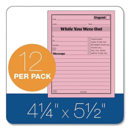 Image of TOPS 3002P Pink Message Pad, One-Part (No Copies), 4.25 x 5.5, 50 Forms/Pad, 12 Pads/Pack
