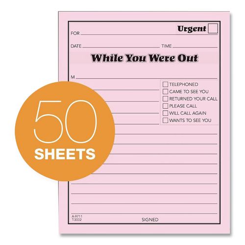 Image of TOPS 3002P Pink Message Pad, One-Part (No Copies), 4.25 x 5.5, 50 Forms/Pad, 12 Pads/Pack