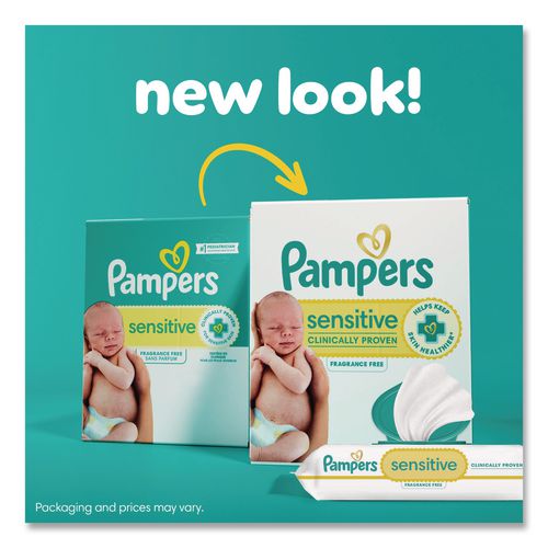 Image of Pampers® 80715533 Sensitive Baby Wipes, 1-Ply, 6.7 x 7, Unscented, White, 84/Pack, 7/Carton