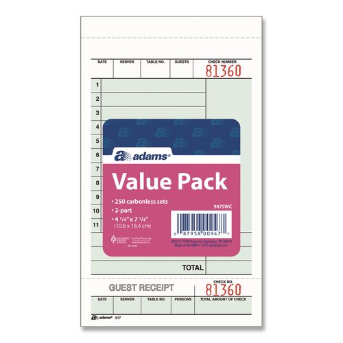 Image of Adams® 947SWC Multi-Part Guest Check Unit Sets, Two-Part Carbonless, 4.25 x 6.75, 250 Forms Total