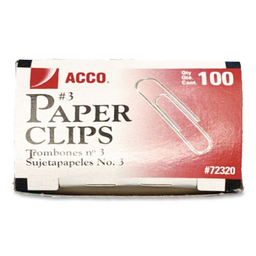 Image of ACCO A7072320G Paper Clips, #3, Smooth, Silver, 100 Clips/Box, 10 Boxes/Pack
