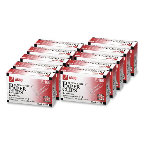 Image of ACCO A7072385G Paper Clips, #1, Nonskid, Silver, 100 Clips/Box, 10 Boxes/Pack