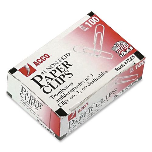 Image of ACCO A7072385G Paper Clips, #1, Nonskid, Silver, 100 Clips/Box, 10 Boxes/Pack