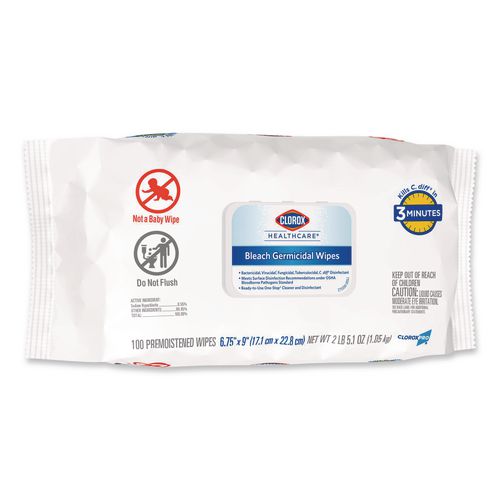 Image of Clorox Healthcare® 32621 Bleach Germicidal Wipes, Disinfectant Wipes, 1-Ply, 6.75 x 9, Unscented, White, 100 Wipes/Flex-Pack, 6 Flex-Packs/Carton
