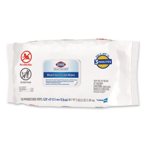 Image of Clorox Healthcare® 32621 Bleach Germicidal Wipes, Disinfectant Wipes, 1-Ply, 6.75 x 9, Unscented, White, 100 Wipes/Flex-Pack, 6 Flex-Packs/Carton