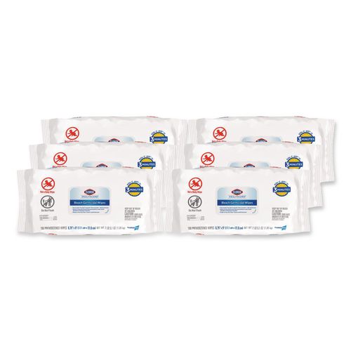 Image of Clorox Healthcare® 32621 Bleach Germicidal Wipes, Disinfectant Wipes, 1-Ply, 6.75 x 9, Unscented, White, 100 Wipes/Flex-Pack, 6 Flex-Packs/Carton