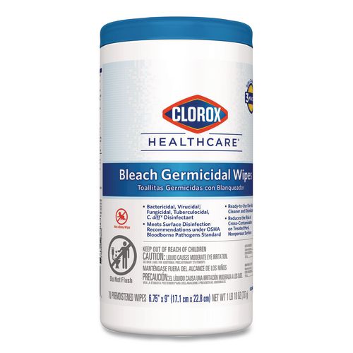 Image of Clorox Healthcare® 35309 Bleach Germicidal Wipes, 1-Ply, 6.75 x 9, Unscented, White, 70/Canister, 6 Canisters/Carton