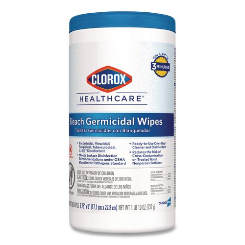 Image of Clorox Healthcare® 35309 Bleach Germicidal Wipes, 1-Ply, 6.75 x 9, Unscented, White, 70/Canister, 6 Canisters/Carton