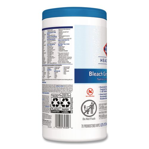 Image of Clorox Healthcare® 35309 Bleach Germicidal Wipes, 1-Ply, 6.75 x 9, Unscented, White, 70/Canister, 6 Canisters/Carton