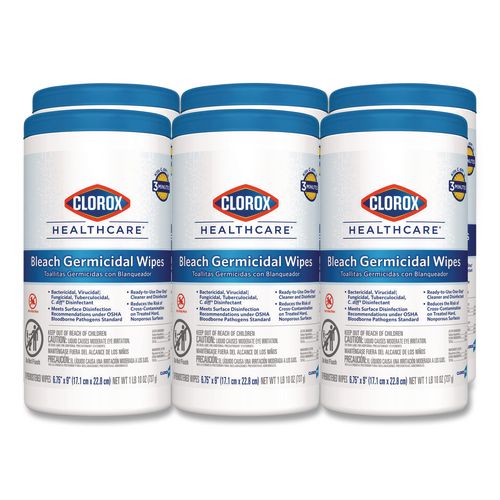 Image of Clorox Healthcare® 35309 Bleach Germicidal Wipes, 1-Ply, 6.75 x 9, Unscented, White, 70/Canister, 6 Canisters/Carton