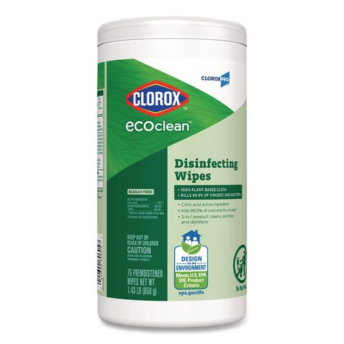 Image of Clorox® 60605 CloroxPro EcoClean Disinfecting Wipes, 1-Ply, 8 x 7, Unscented, White, 75 Count, 6/Carton