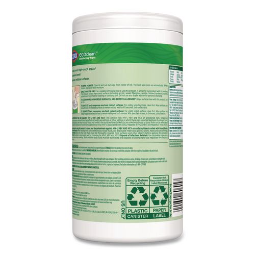 Image of Clorox® 60605 CloroxPro EcoClean Disinfecting Wipes, 1-Ply, 8 x 7, Unscented, White, 75 Count, 6/Carton