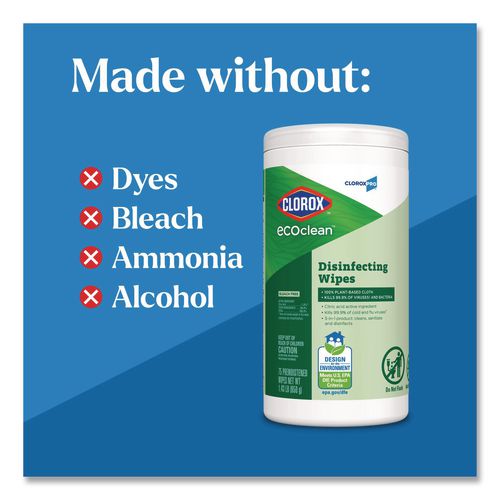 Image of Clorox® 60605 CloroxPro EcoClean Disinfecting Wipes, 1-Ply, 8 x 7, Unscented, White, 75 Count, 6/Carton