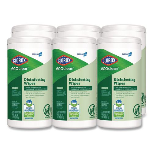 Image of Clorox® 60605 CloroxPro EcoClean Disinfecting Wipes, 1-Ply, 8 x 7, Unscented, White, 75 Count, 6/Carton