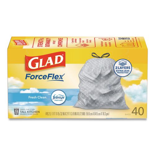 Image of Glad® 78361 ForceFlex Kitchen Drawstring Trash Bags, 13 gal, Gain Fresh Clean Scent, 24 x 27.38, White, 40 Bags/Box, 6 Boxes/Carton