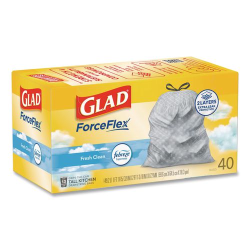 Image of Glad® 78361 ForceFlex Kitchen Drawstring Trash Bags, 13 gal, Gain Fresh Clean Scent, 24 x 27.38, White, 40 Bags/Box, 6 Boxes/Carton