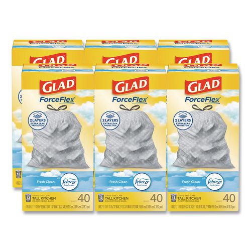 Image of Glad® 78361 ForceFlex Kitchen Drawstring Trash Bags, 13 gal, Gain Fresh Clean Scent, 24 x 27.38, White, 40 Bags/Box, 6 Boxes/Carton