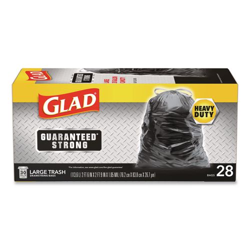 Image of Glad® 78966 Guaranteed Strong Large Drawstring Trash Bags, Three-Ply, 30 gal, 1.05 mil, 30 x 33, Black, 28 Bags/Box, 6 Boxes/Carton